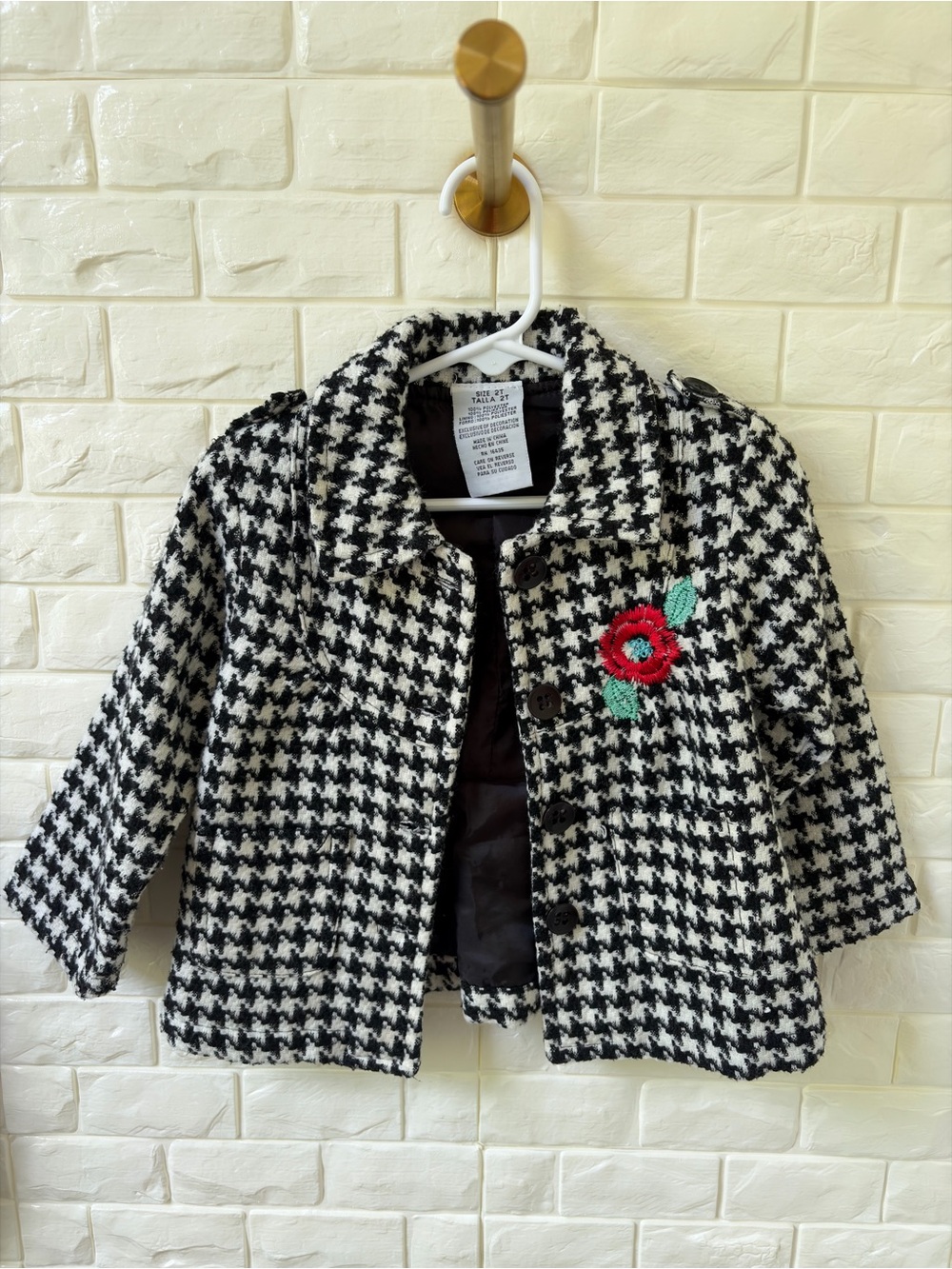 Black & White Houndstooth Coat with Red Flower Accent